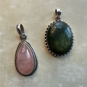 Sterling Silver Rose Quartz & Green Jade Pendant Lot | Vintage